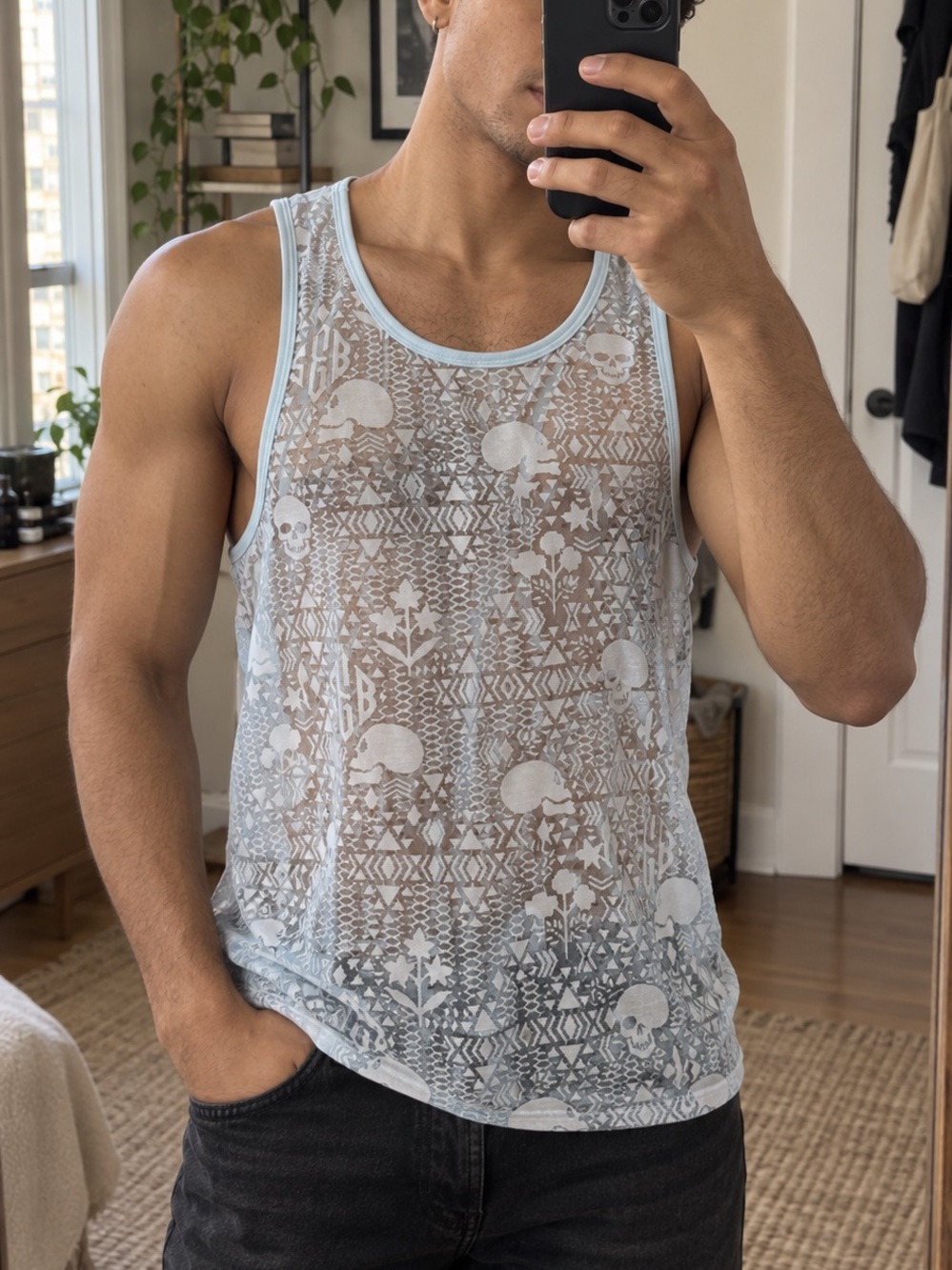 Skull and Bones Sheer Patterned Light Blue Men's Tank Top size S